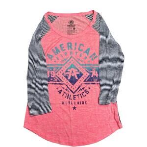 American Fighter Women’s Raglan Baseball Tee Medium Pink Blue Striped Graphic